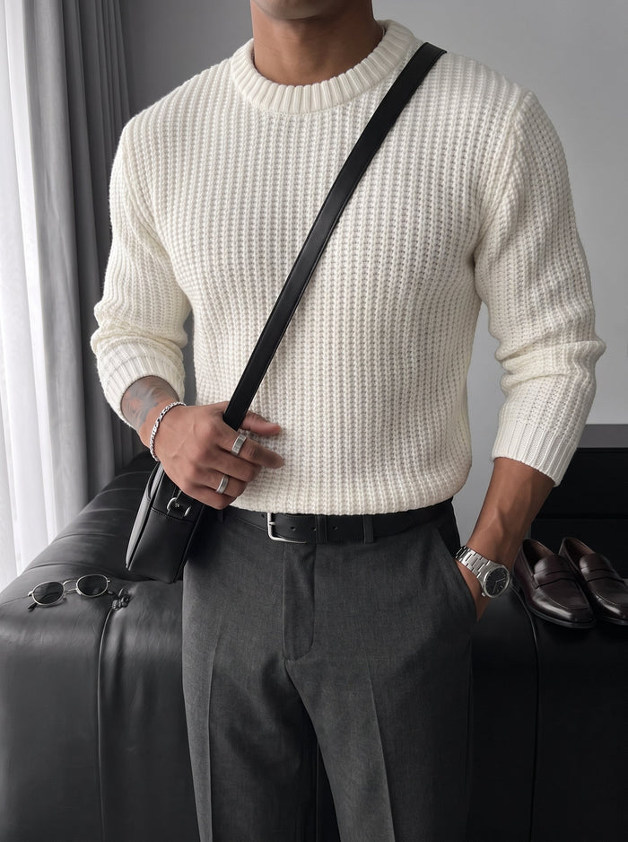 Slim Fit Flätad Stickad Tröja - Vit
