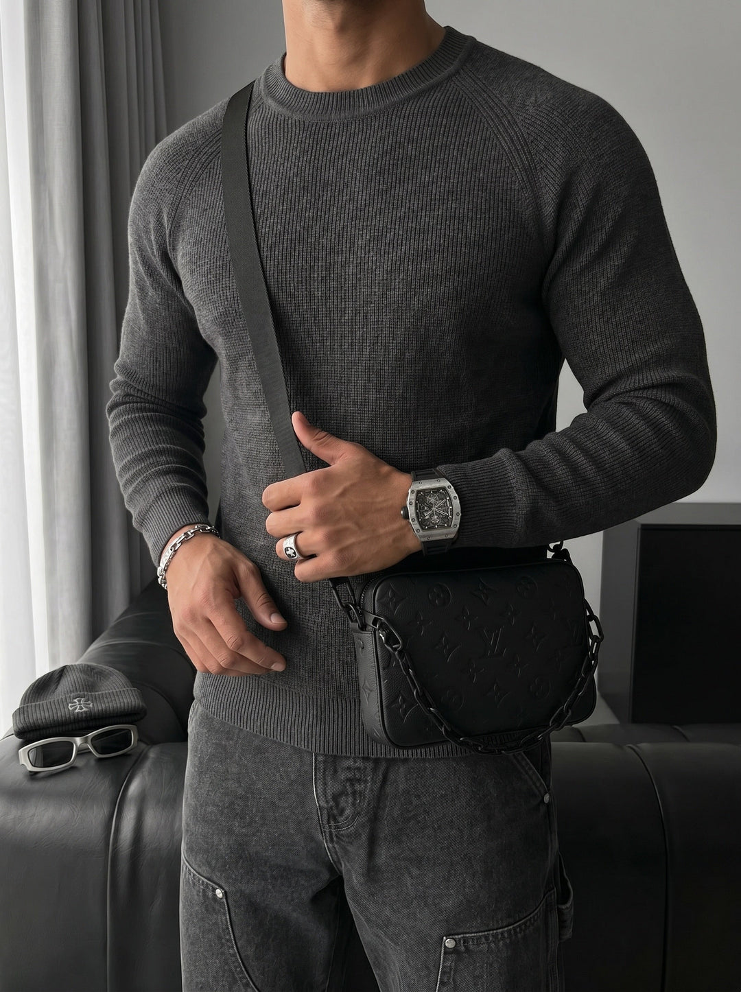 Slim Fit Tunn Stickad Tröja - Antracit