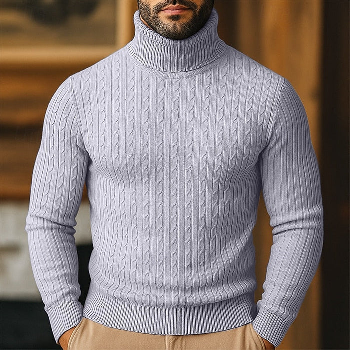 Herr Turtleneck Tröja med Kabelstickad Yta och Smal Passform